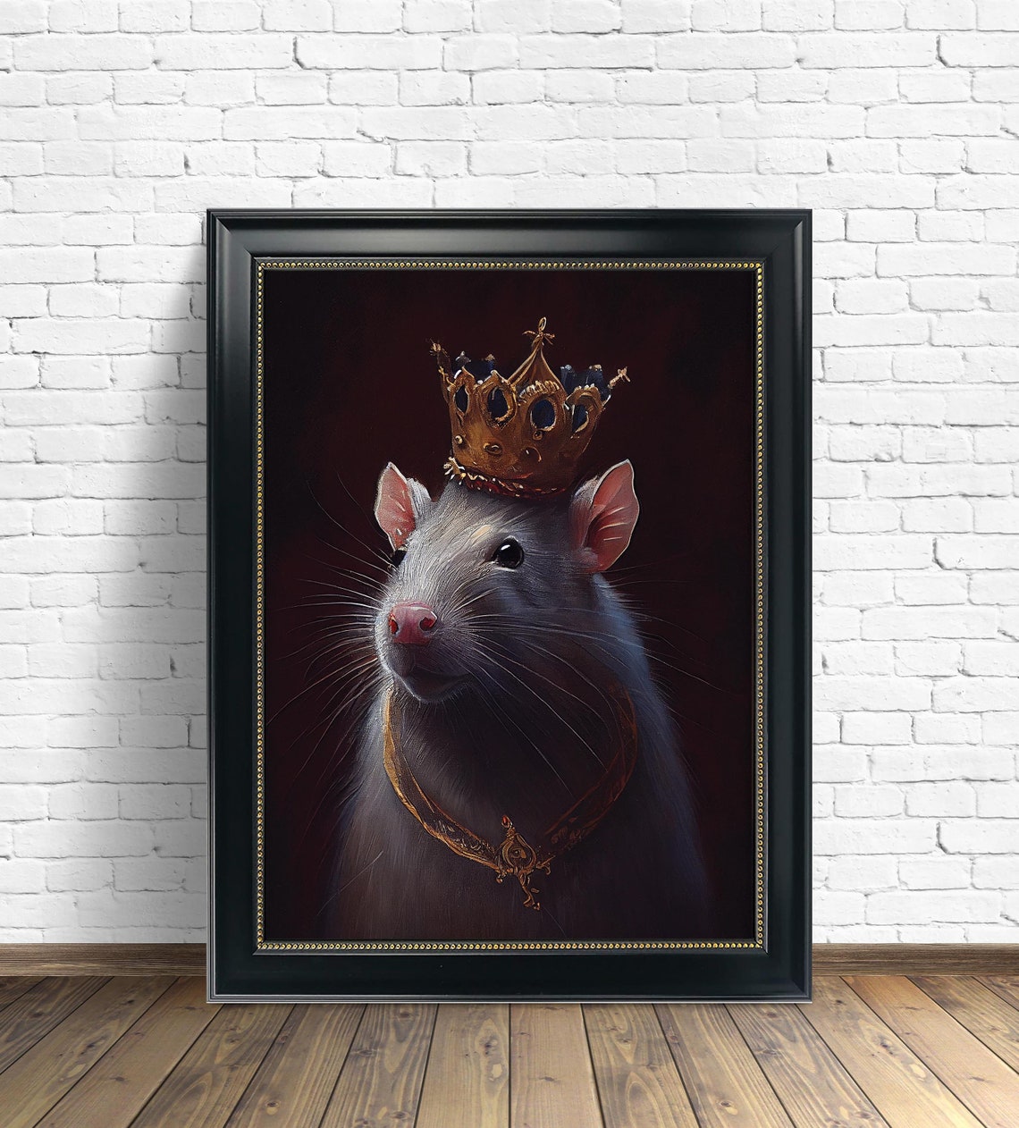 Crowned Rat Gothic Oil Portrait with Golden Crown Dark Wall Art - Image 2