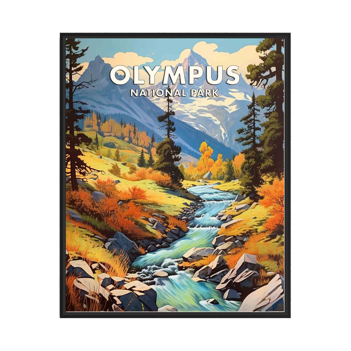 Olympus National Park Alpine Stream Snowy Peaks Retro Travel Poster