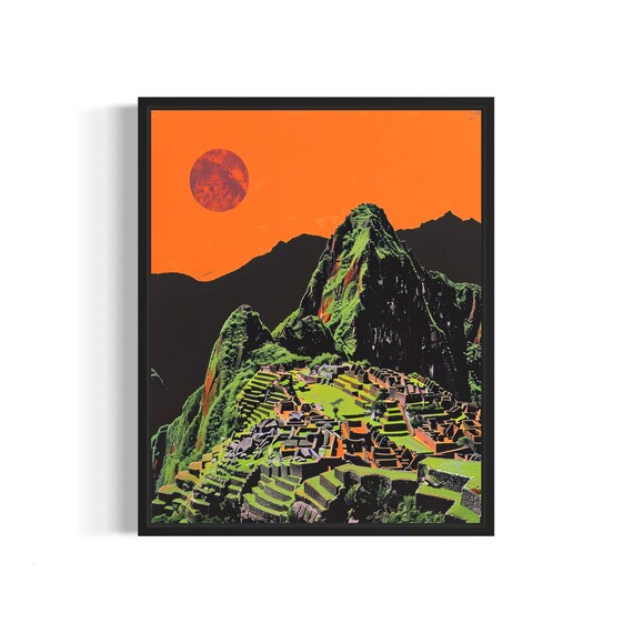 Machu Picchu Ancient Ruins Orange Sun Bold Modern Andean Art Poster