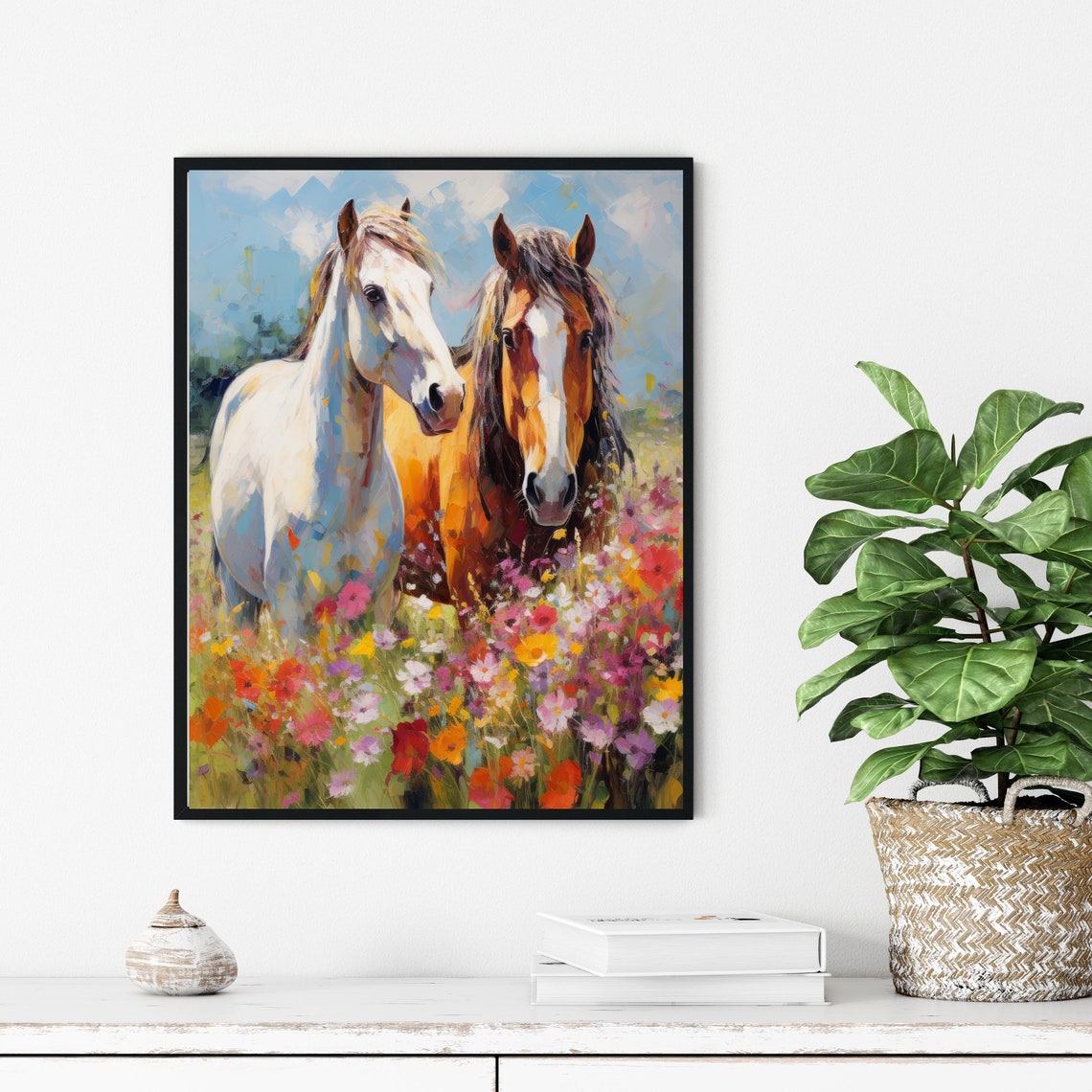 Two Horses in a Wildflower Meadow Vibrant Impressionist Art Poster - Image 2