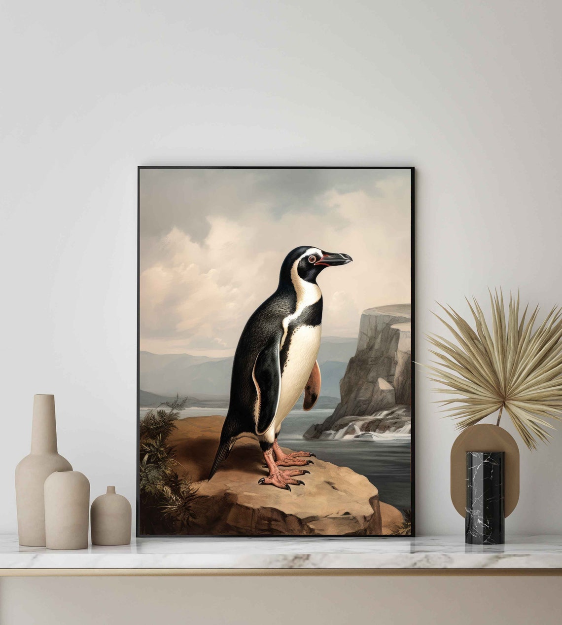 Penguin on Rocky Coastline Striking Vintage Seabird Art Poster - Image 2