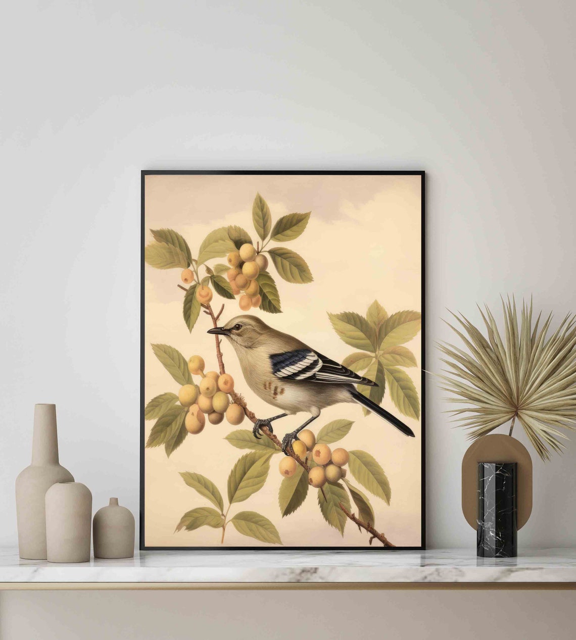 Vintage Mockingbird Botanical Poster with Berries in Retro Style - Image 2