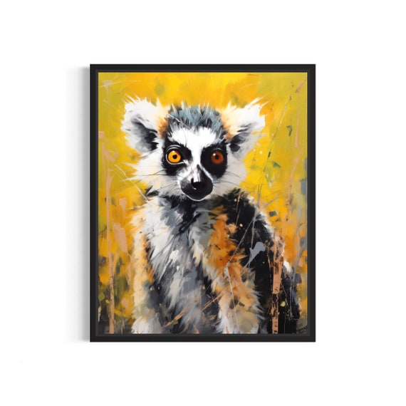 Curious Ring Tailed Lemur Golden Yellow Abstract Painting Poster