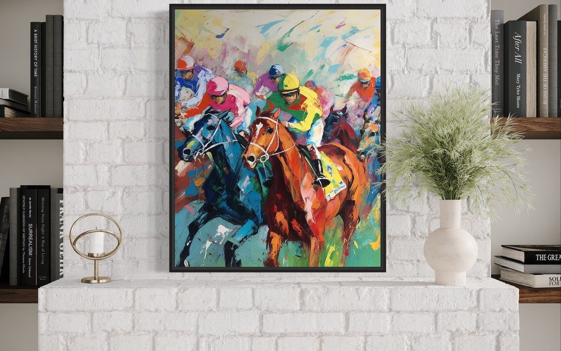 Horse Racing Abstract Painting Jockeys Racing On Canvas Sports Poster - Image 3