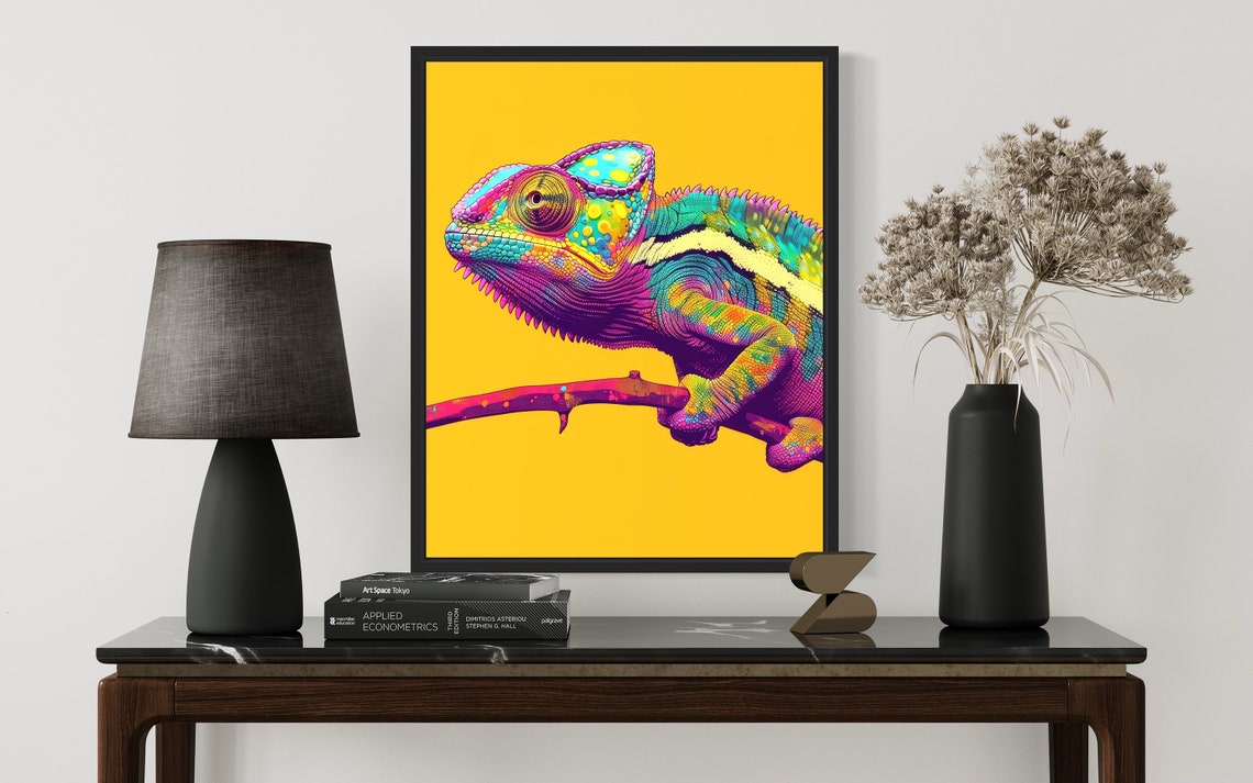 Rainbow Chameleon Pop Art Neon Yellow Background Animal Poster - Image 2