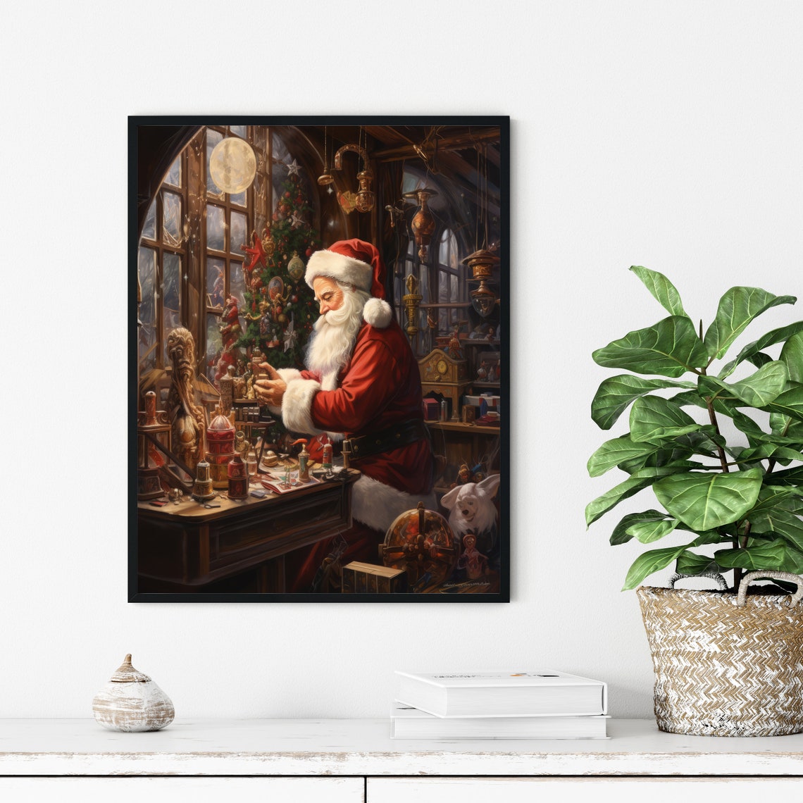 Santa Claus Workshop Toy Crafting Scene by Moonlight Christmas Poster - Image 3