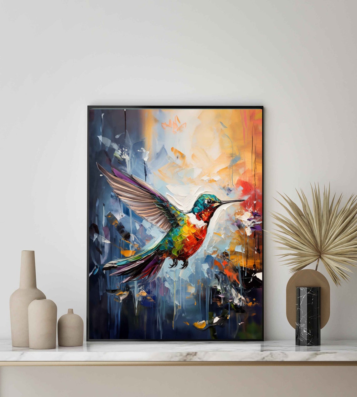 Rainbow Hummingbird in Flight Abstract Colorful Bird Wall Art - Image 3