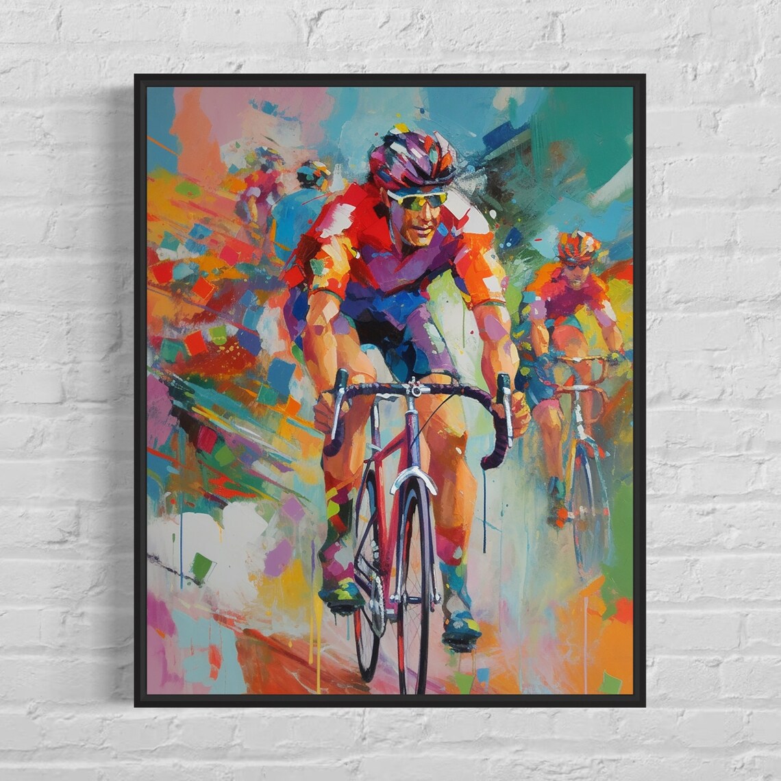 Cyclist Road Race Sprint Finish Colorful Action Painting Poster