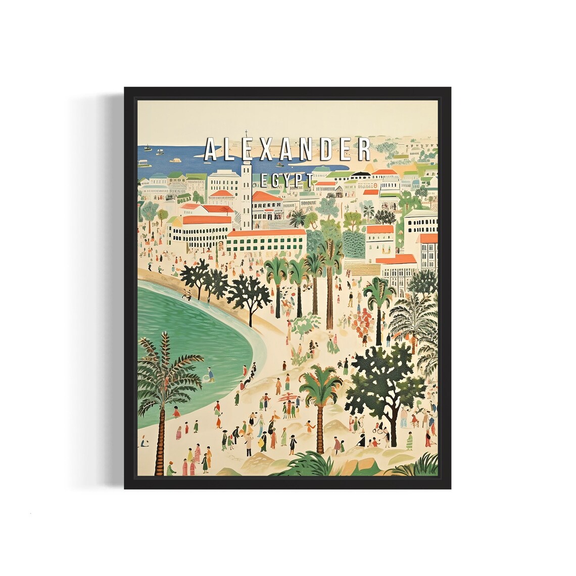 Alexandria Egypt Curved Beach Promenade Palm Trees Travel Poster