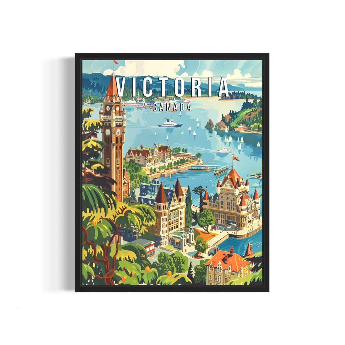 Victoria Canada Vintage Inner Harbour Waterfront Skyline Travel Poster