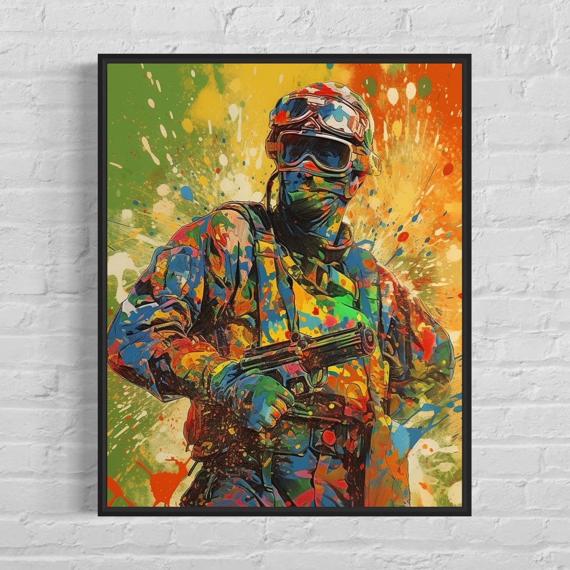Paintball Player Covered in Colorful Paint Splatter Art Poster