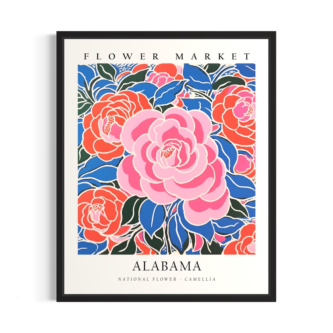 Alabama Camellia Flower Market Poster Botanical Pink Floral Wall Decor
