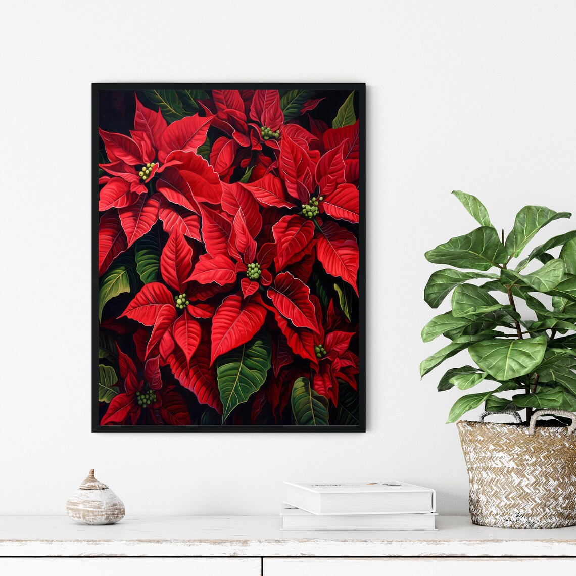 Red Poinsettias in Bloom Holiday Botanical Floral Art Poster - Image 2