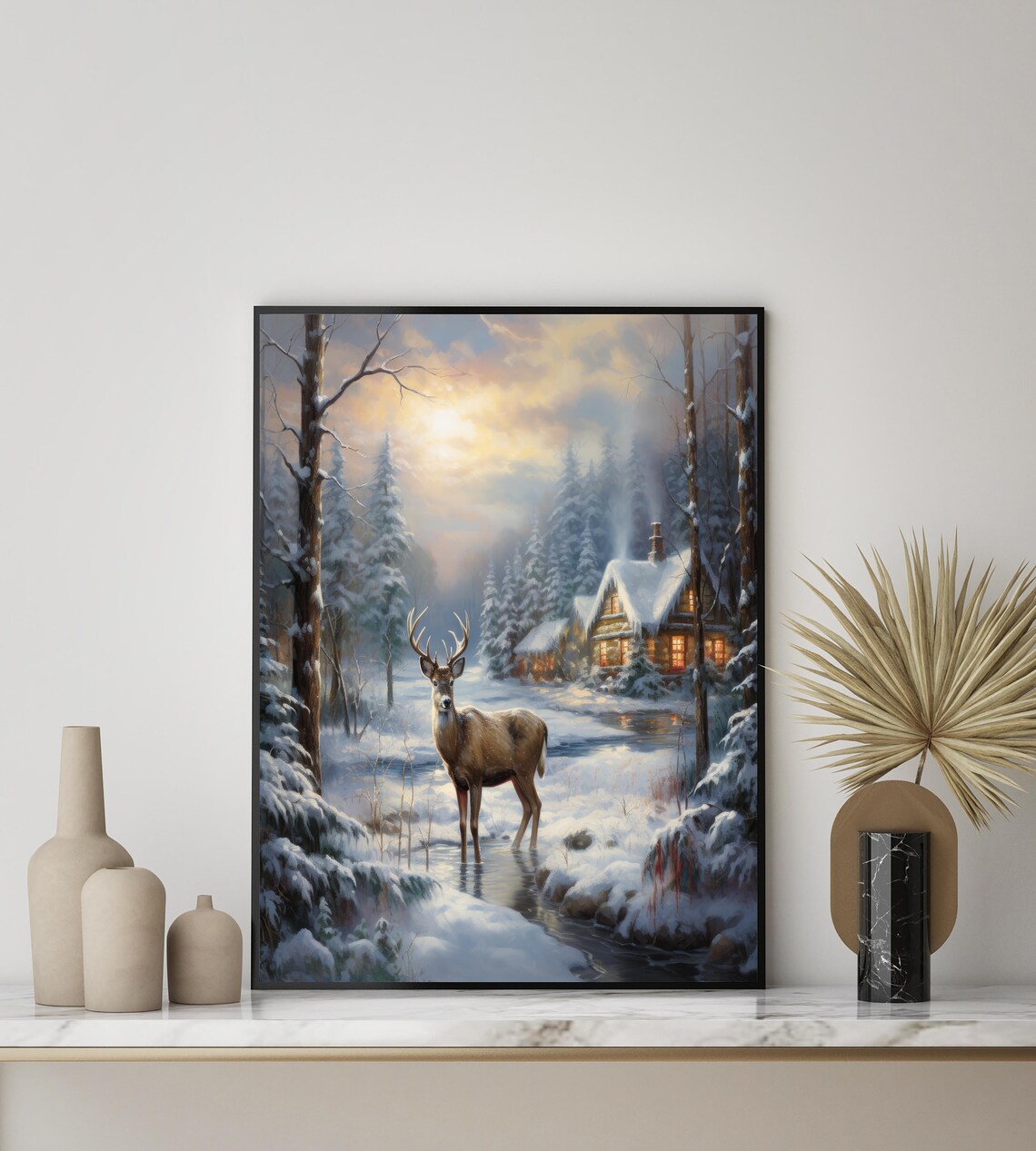 Majestic Stag Deer in Snowy Winter Forest with Lit Cabin Christmas Poster - Image 2