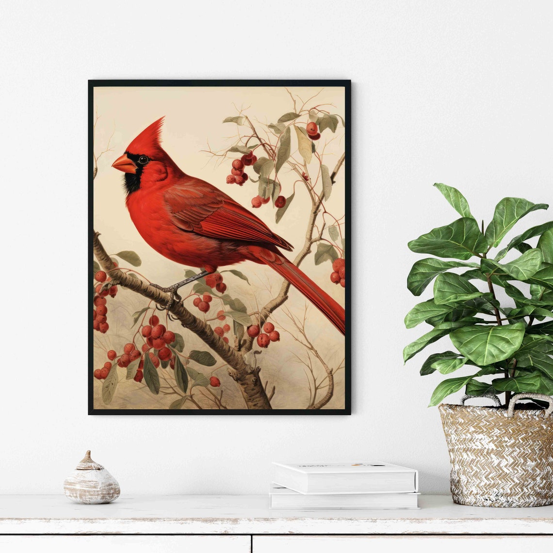 Northern Cardinal on Berry Branch Vintage Audubon Style Art Poster - Image 3