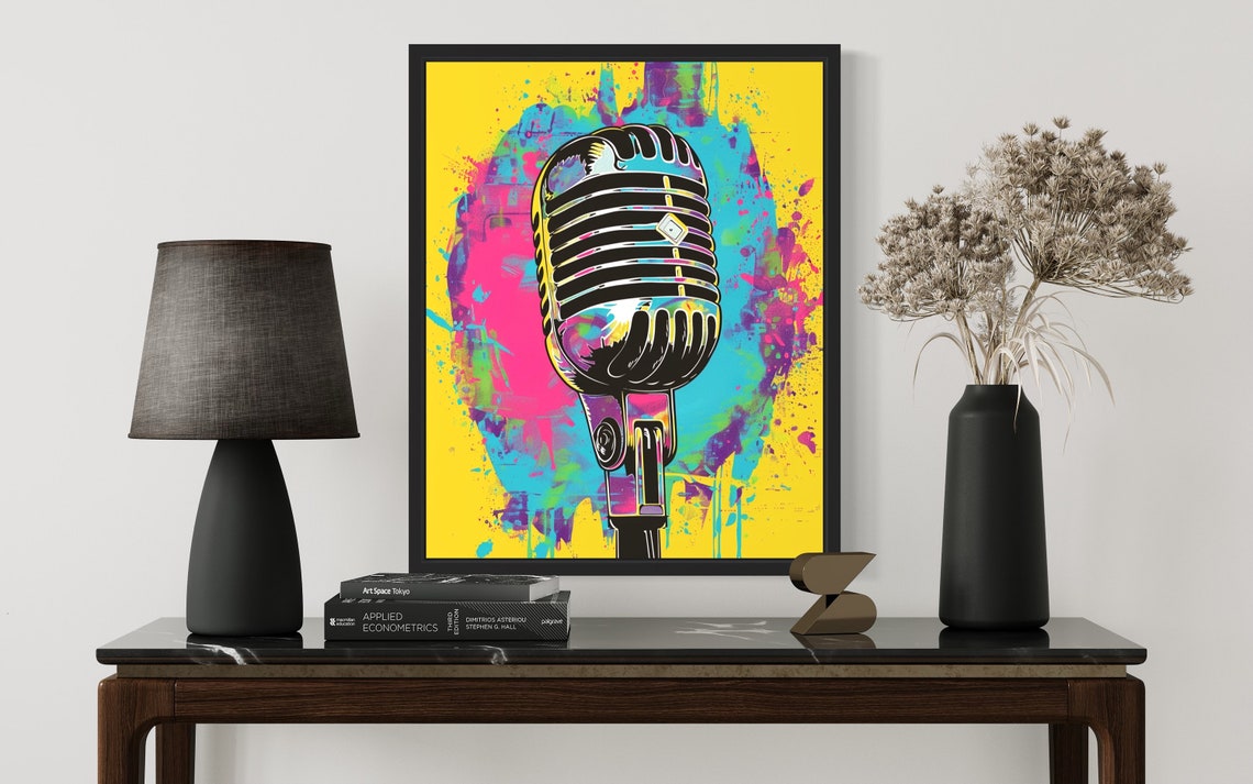 Retro Microphone Pop Art Poster with Neon Splatter Background - Image 3