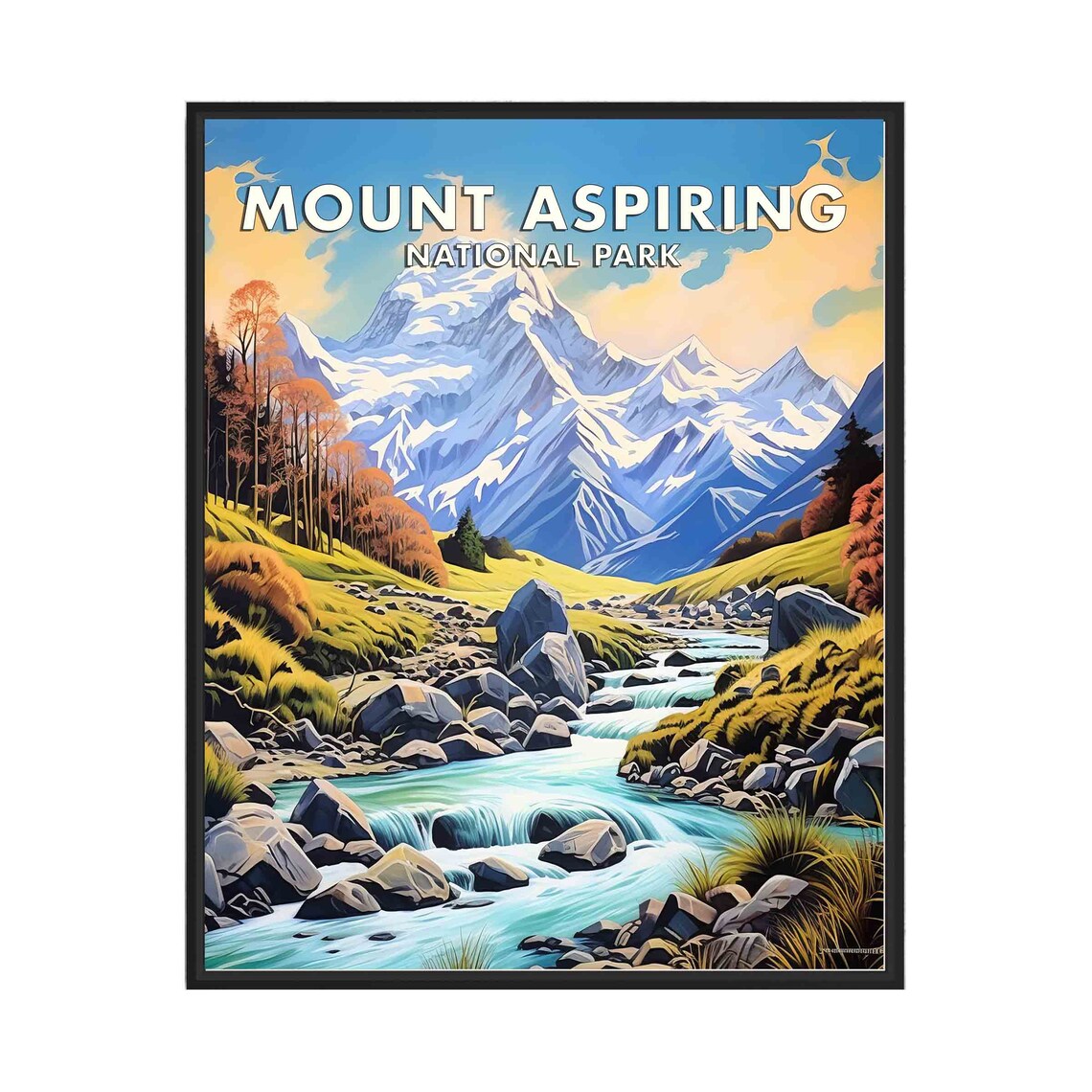Mount Aspiring National Park Snow Peak Stream Vintage Travel Poster