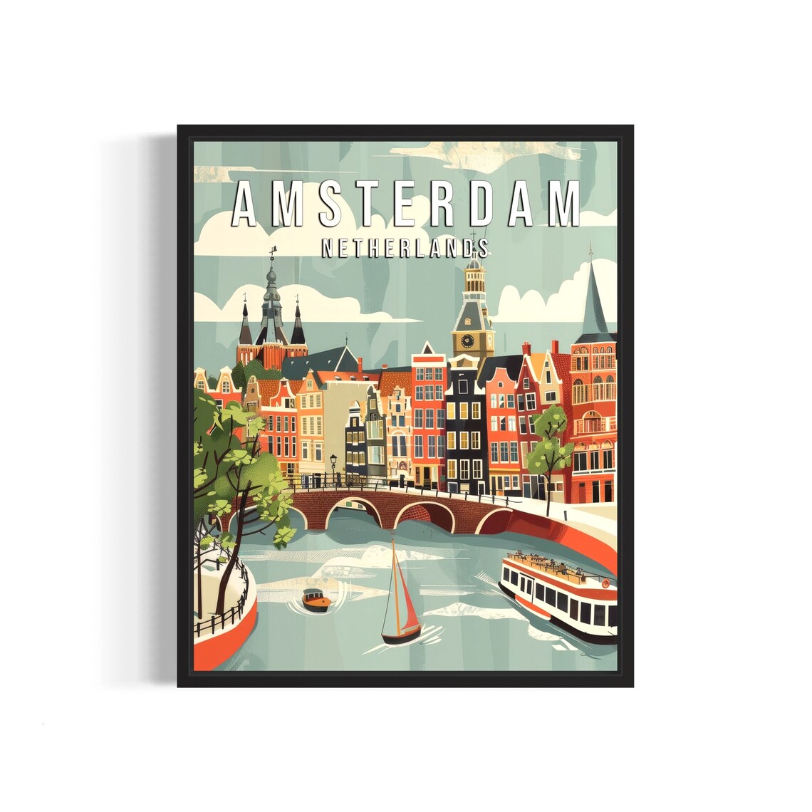Amsterdam Netherlands Canal Gabled Houses Bridge Retro Poster