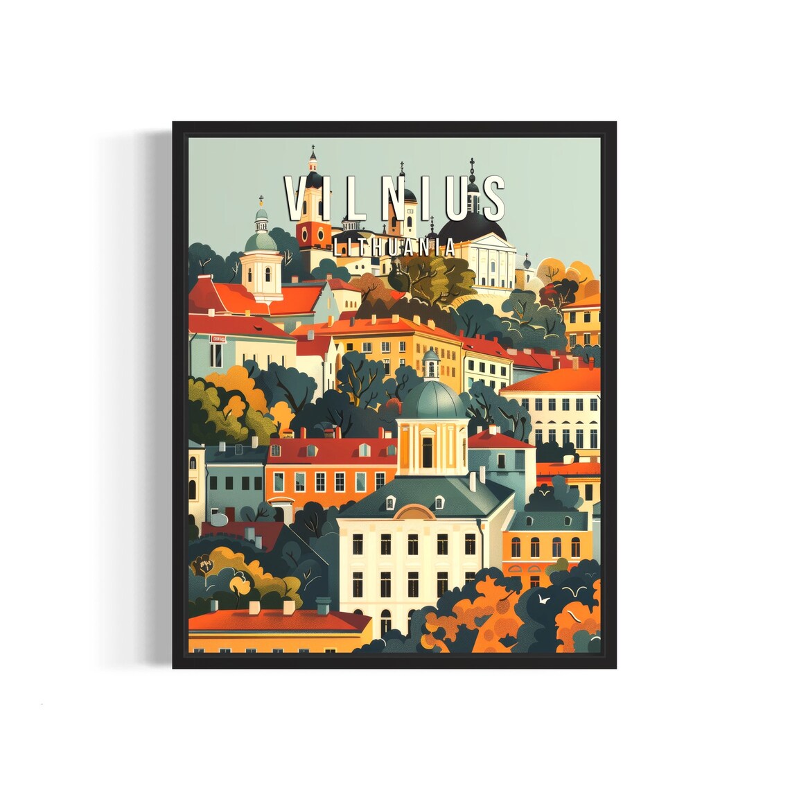 Vilnius Lithuania Old Town Baroque Churches Autumn Retro Travel Poster