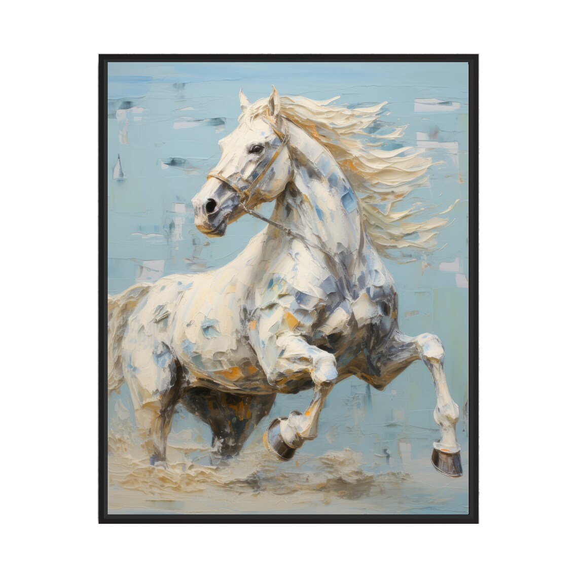 White Horse Galloping Equestrian Oil Painting Wildlife Art Print