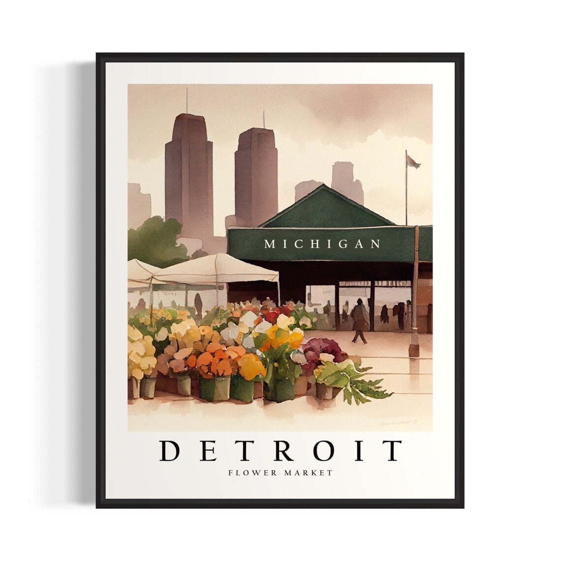Detroit Flower Market Michigan Skyline Watercolor Art Poster