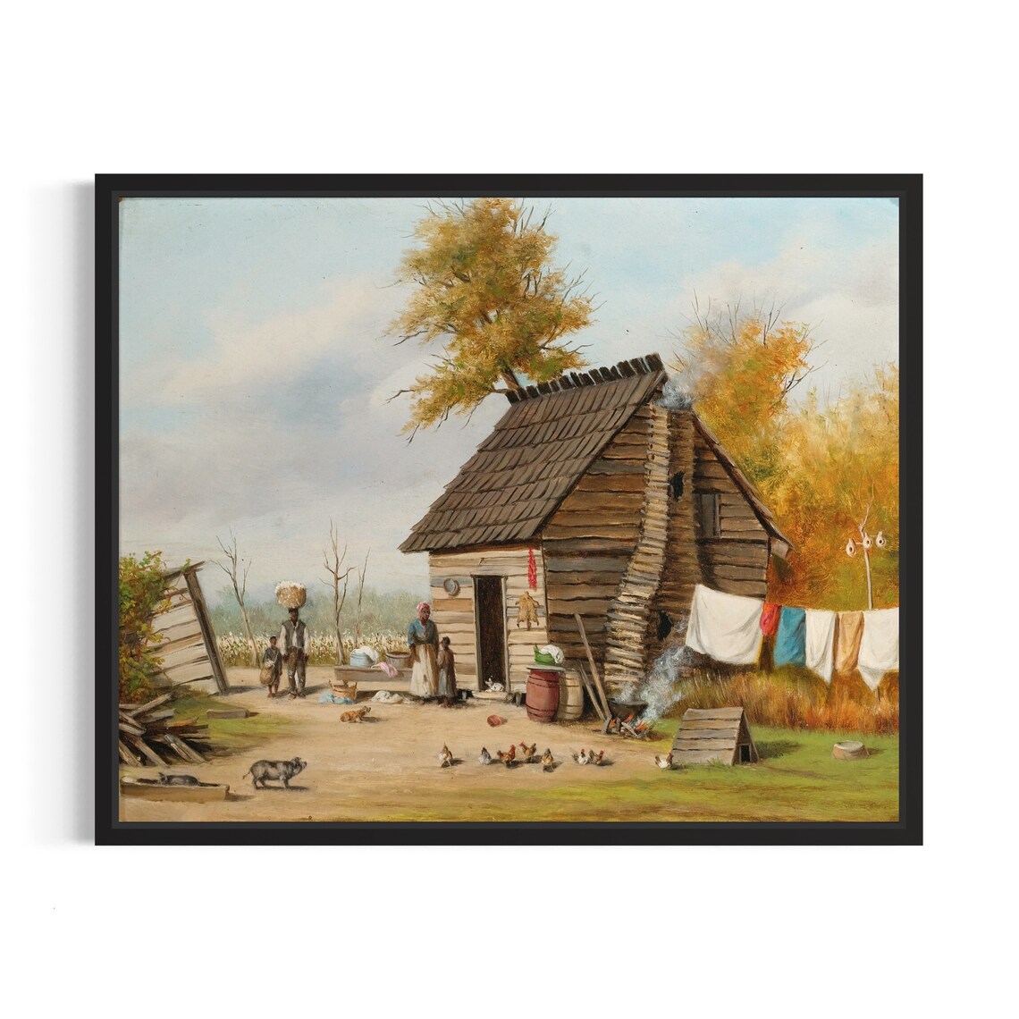 Log Cabin Family Homestead Cotton Field Southern Vintage Art Poster