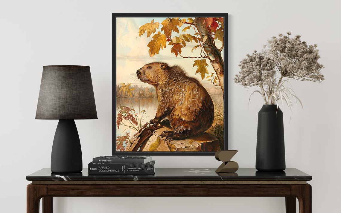 Vintage Beaver By Autumn Lake Natural History Wildlife Art Poster - Image 3