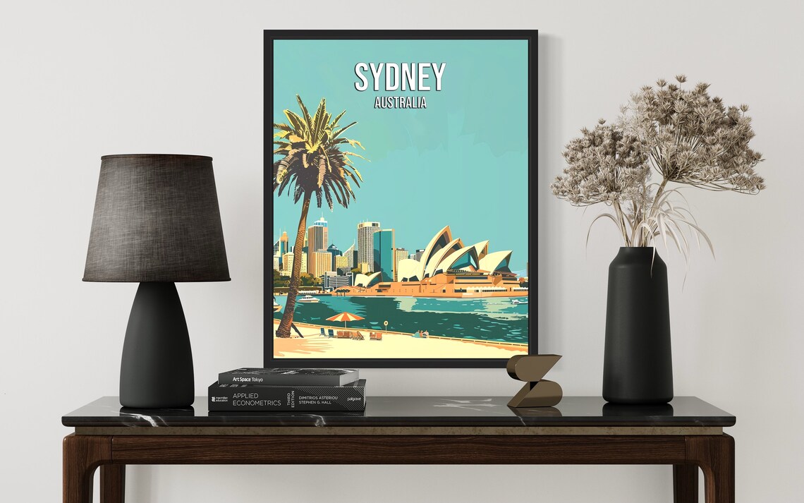 Sydney Australia Opera House Harbor Beach Palm Vintage Travel Poster - Image 2