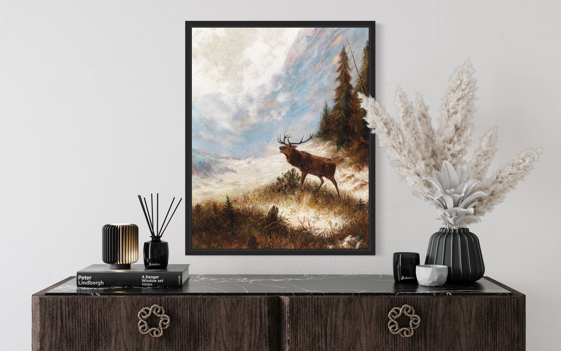 Bugling Elk Stag Windswept Winter Mountain Vintage Art Poster - Image 2