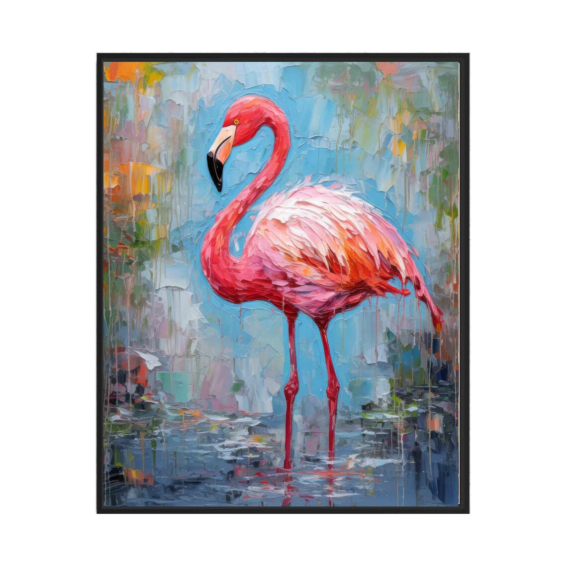 Pink Flamingo Standing in Water Vibrant Impasto Style Art Poster