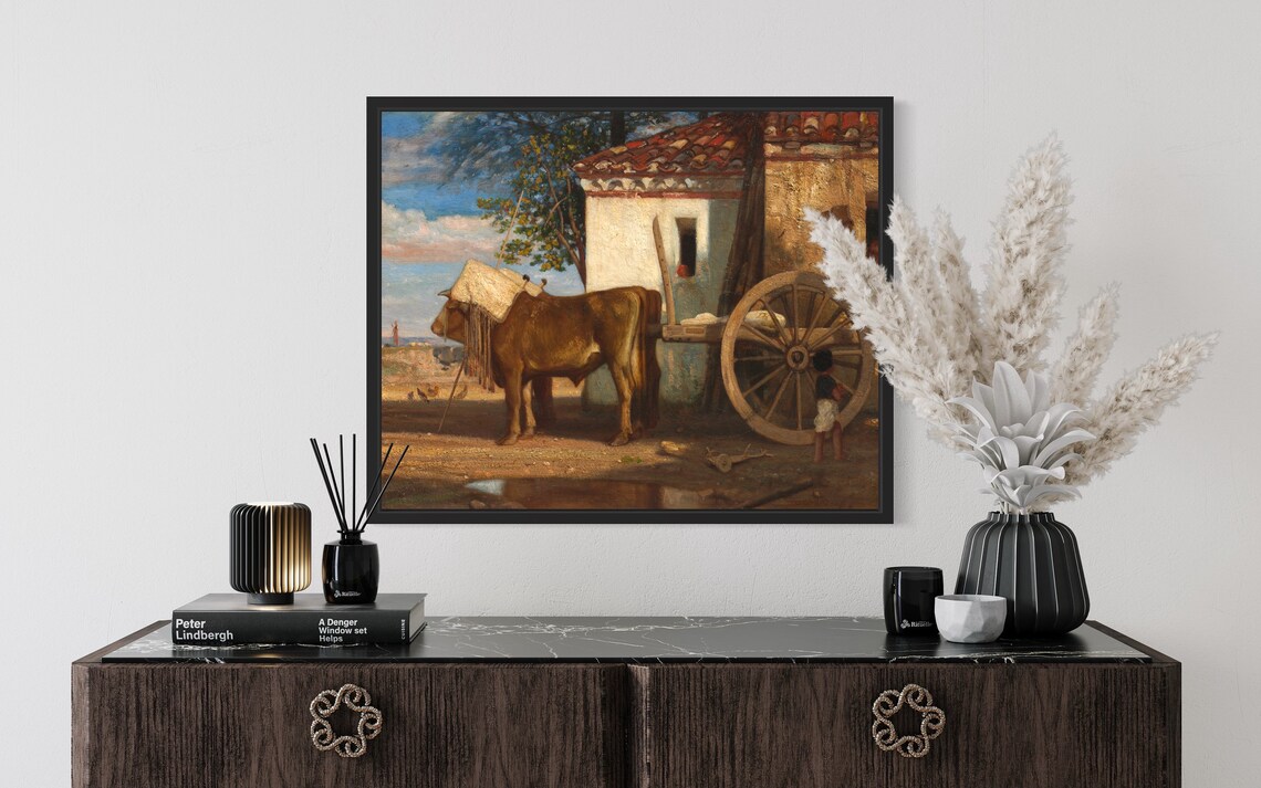 Ox And Cart By Old Farmhouse Child Vintage Rural Scene Art Poster - Image 2
