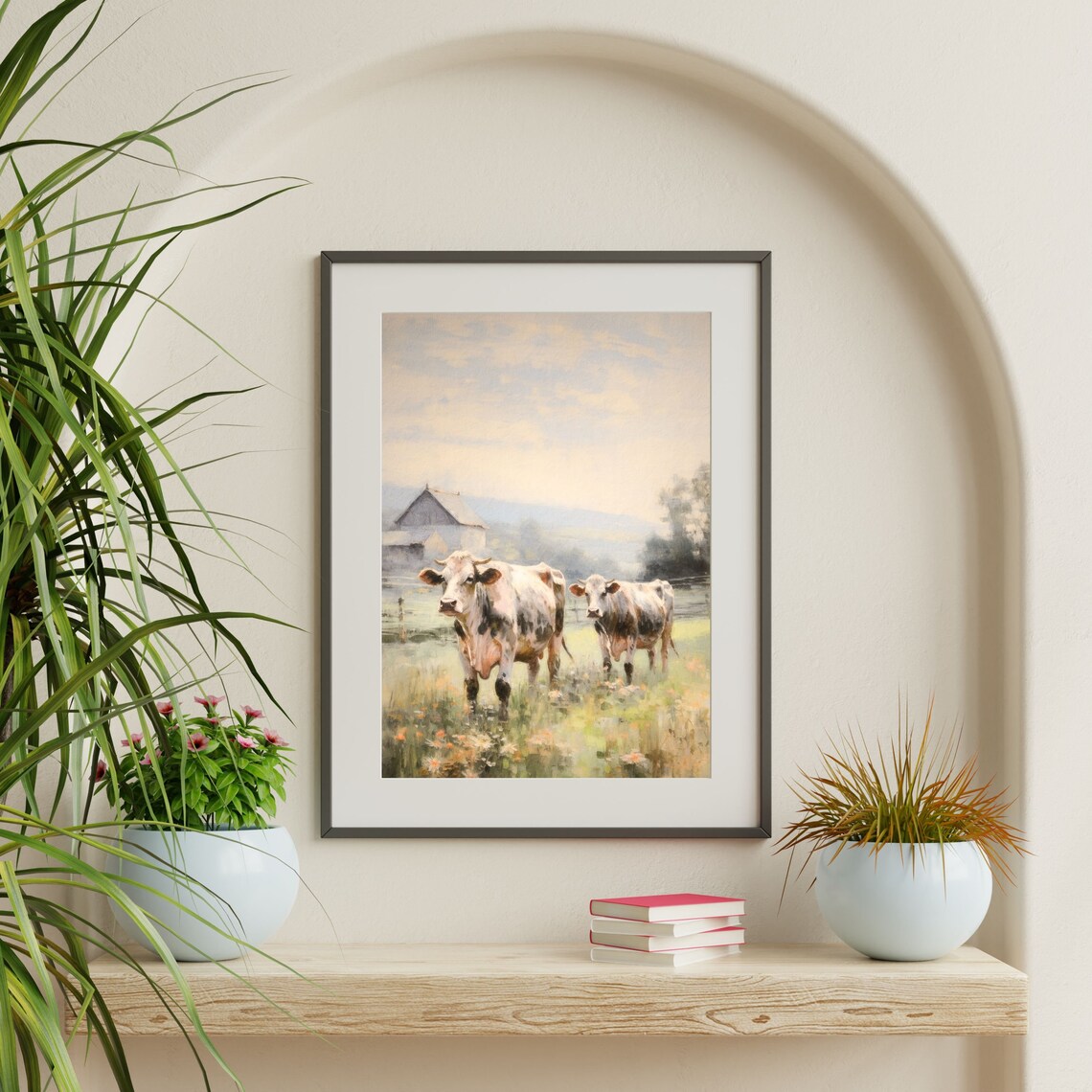 Country Cows Retro Farmhouse Landscape Art Print - Image 2