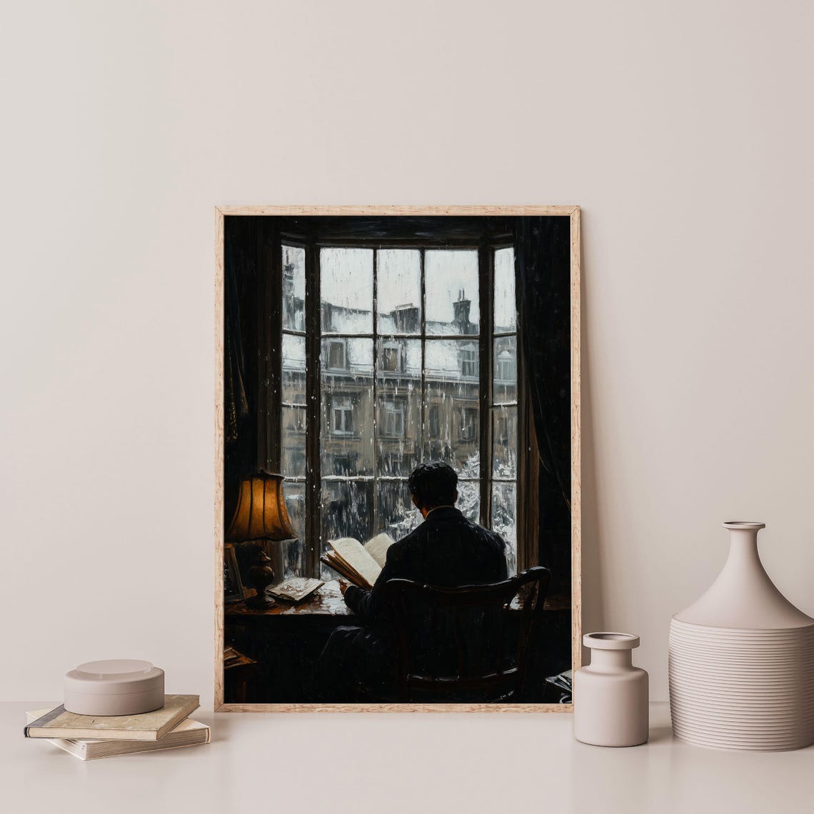 Snowy Window Reading Nook Cozy Winter Rooftop View Vintage Art Poster - Image 3