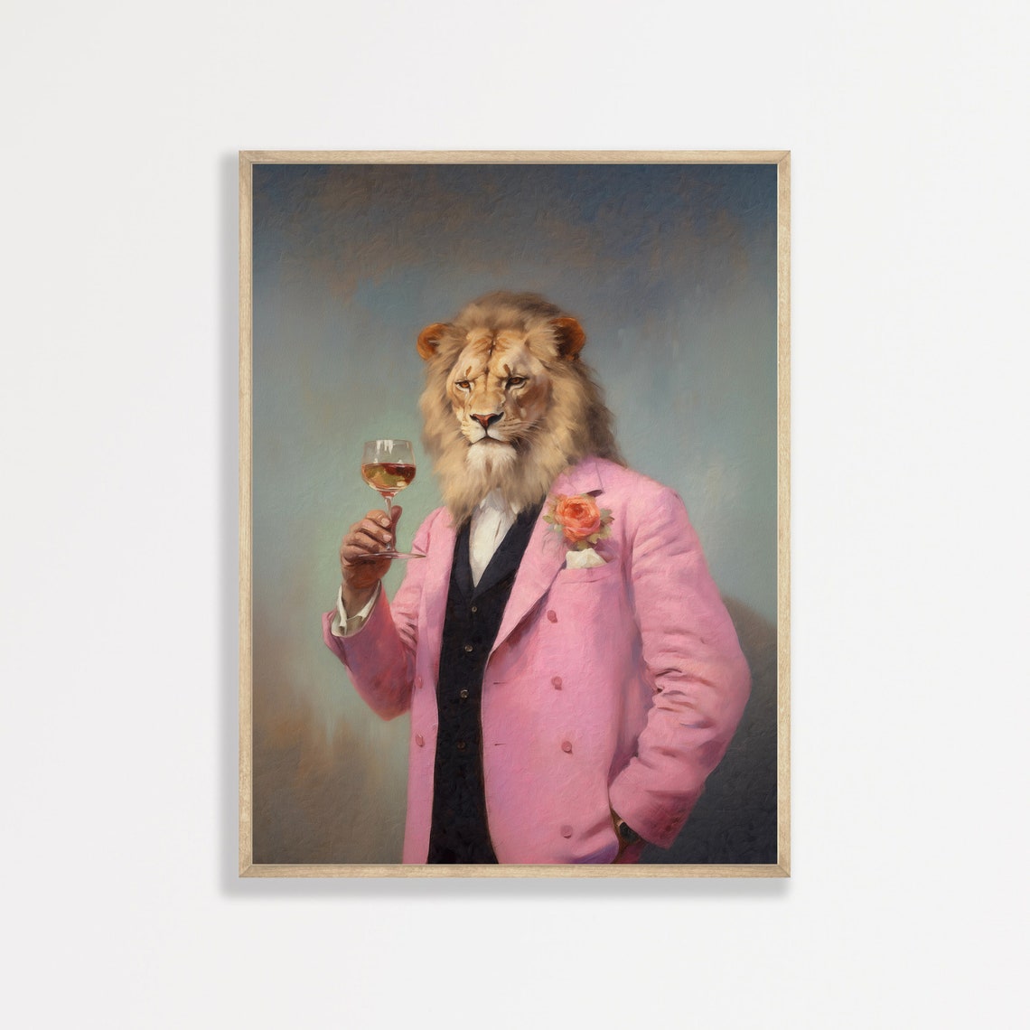 Lion in a Pink Suit Holding a Wine Glass Whimsical Portrait Wall Art