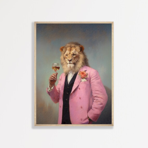 Lion in a Pink Suit Holding a Wine Glass Whimsical Portrait Wall Art