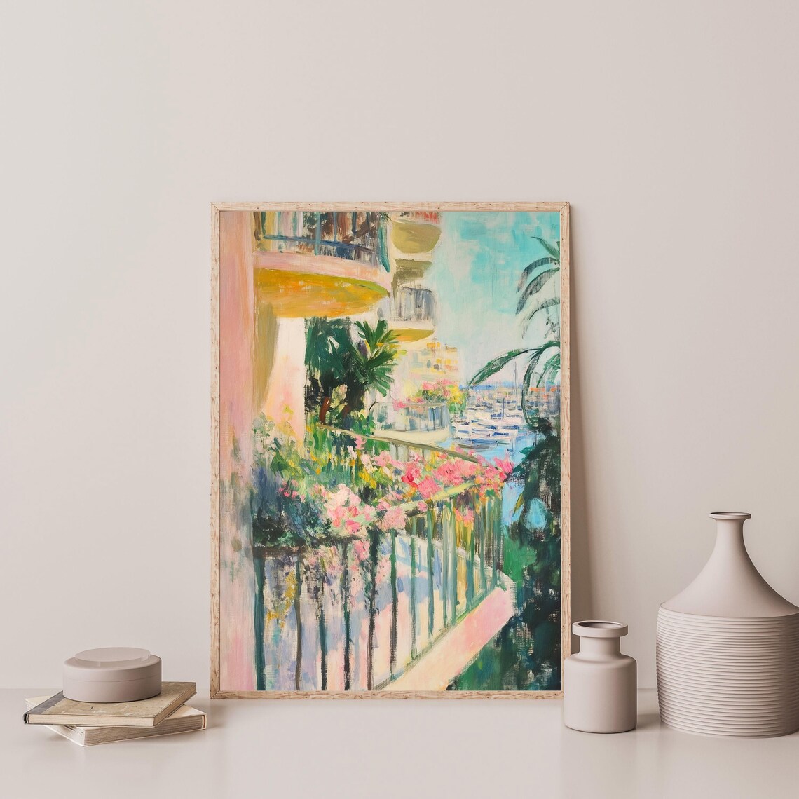 Coastal Hotel Balcony Flowers Marina Palms Mediterranean Travel Poster - Image 3