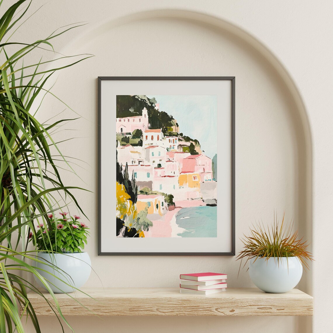 Italy Coastal Town Pastel Hillside Village Harbor View Art Poster - Image 2