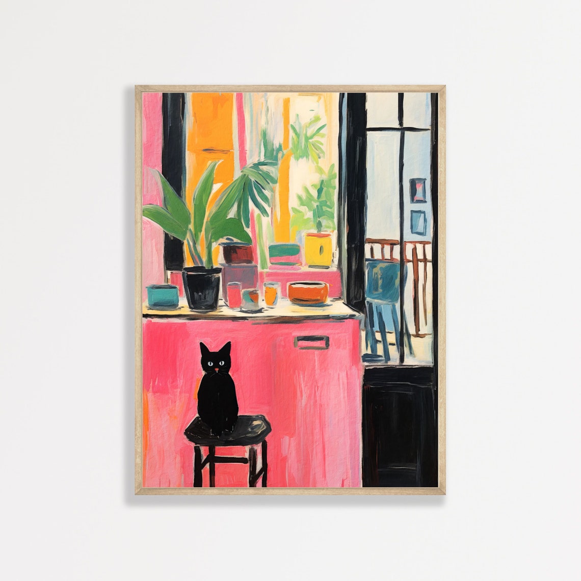 Matisse Style Black Cat Kitchen Still Life Pink Orange Art Poster