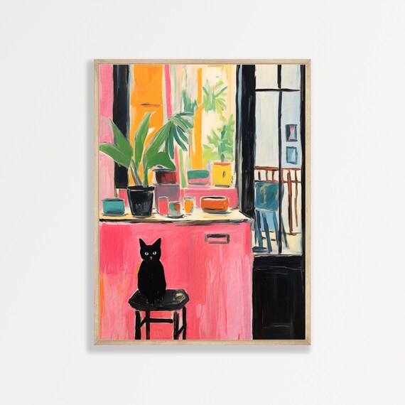 Matisse Style Black Cat Kitchen Still Life Pink Orange Art Poster