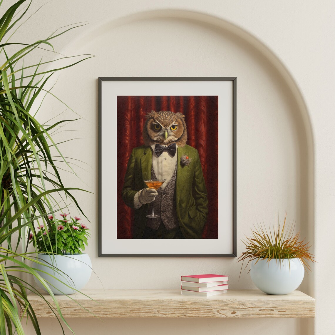 Owl in a Green Tuxedo Holding a Cocktail Whimsical Bar Decor Poster - Image 2