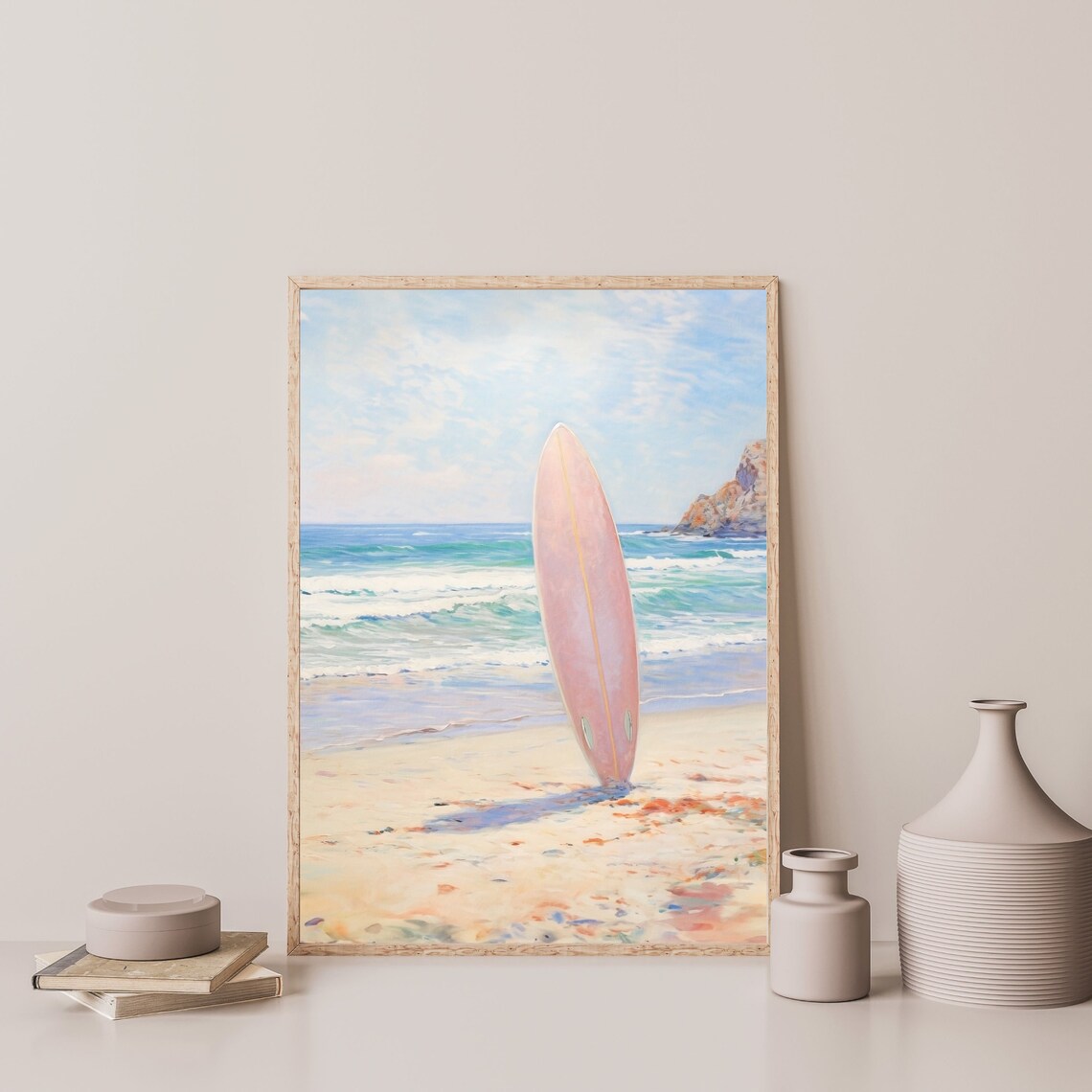 Pink Surfboard Retro Beachy Art Print, Pastel Seascape - Image 3