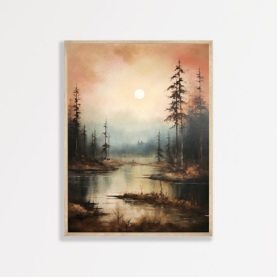 Night Landscape Painting Moody Nature Wall Art Cottagecore Home Decor P 732