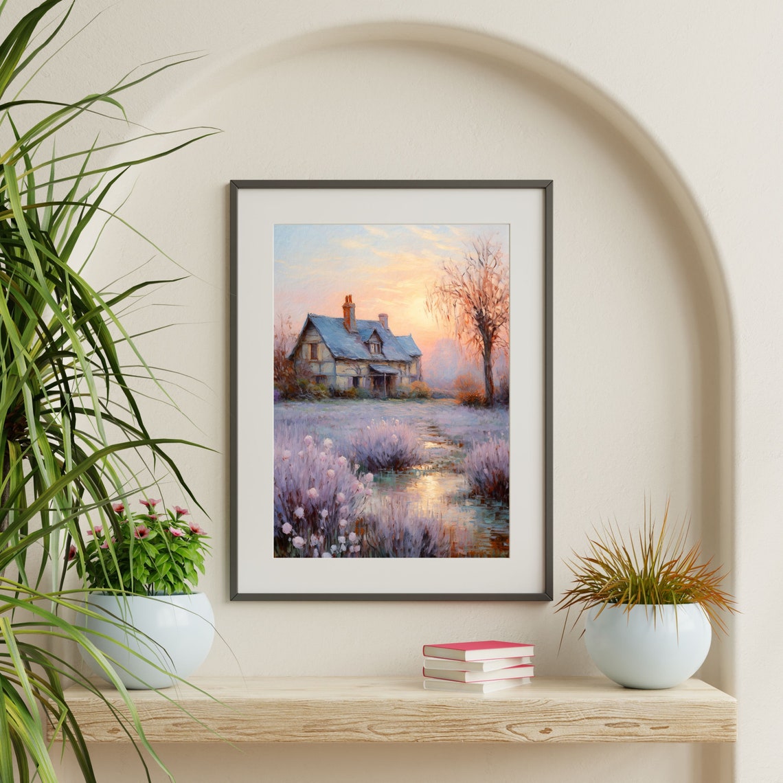 Country Cottage Dusky Lavender Field Sunset Pastel Landscape Poster - Image 2