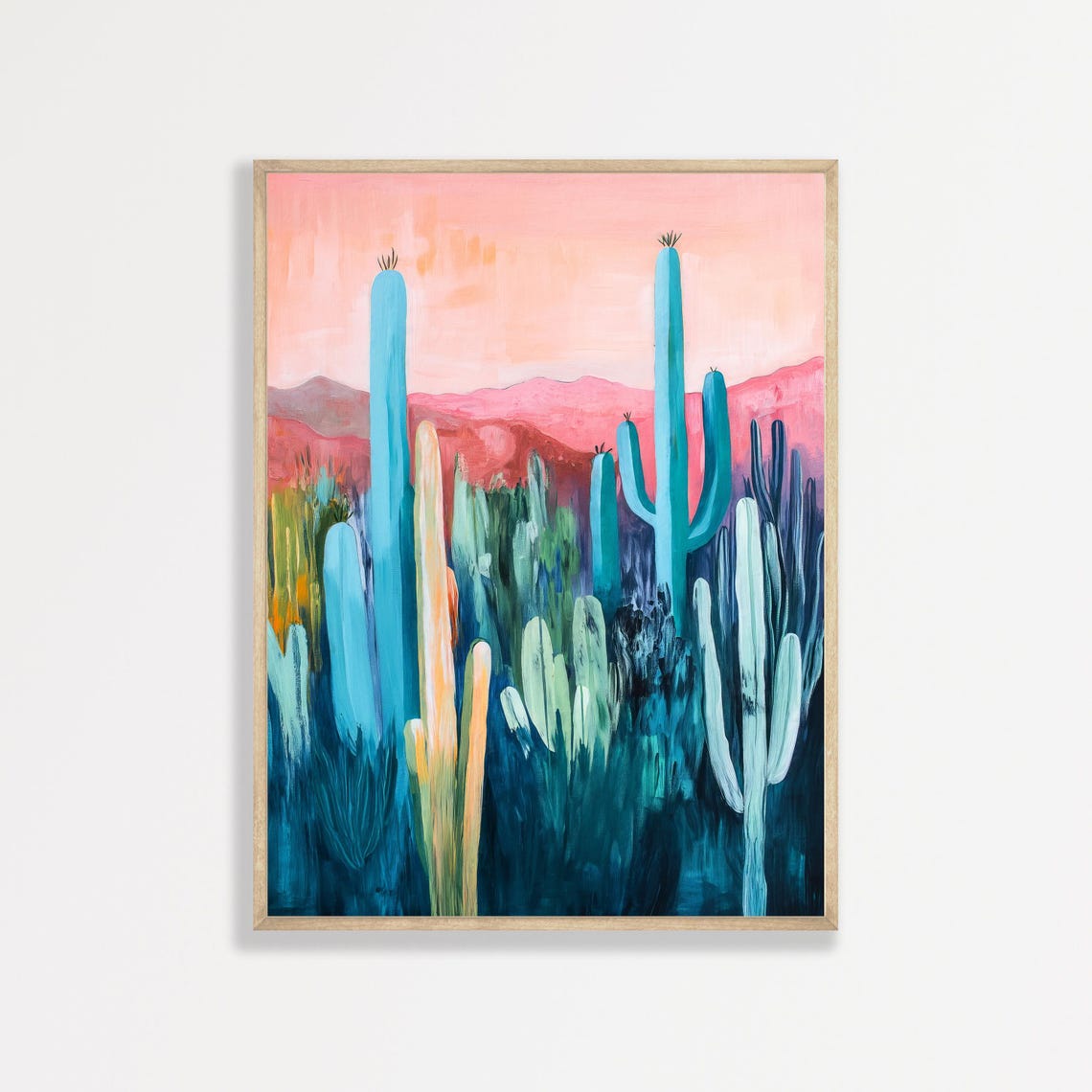 Teal Desert Cactus Sunset Pink Sky Saguaro Landscape Travel Poster