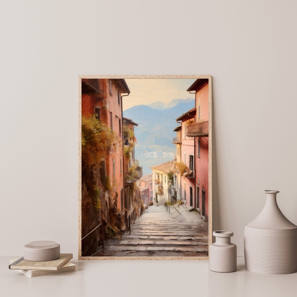 Italian Village Vintage European Oil Painting Print - Image 3