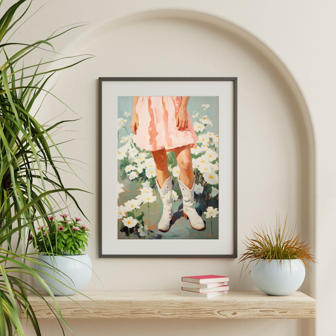 Cowgirl White Boots Pink Dress Daisy Field Retro Wall Art Poster - Image 2