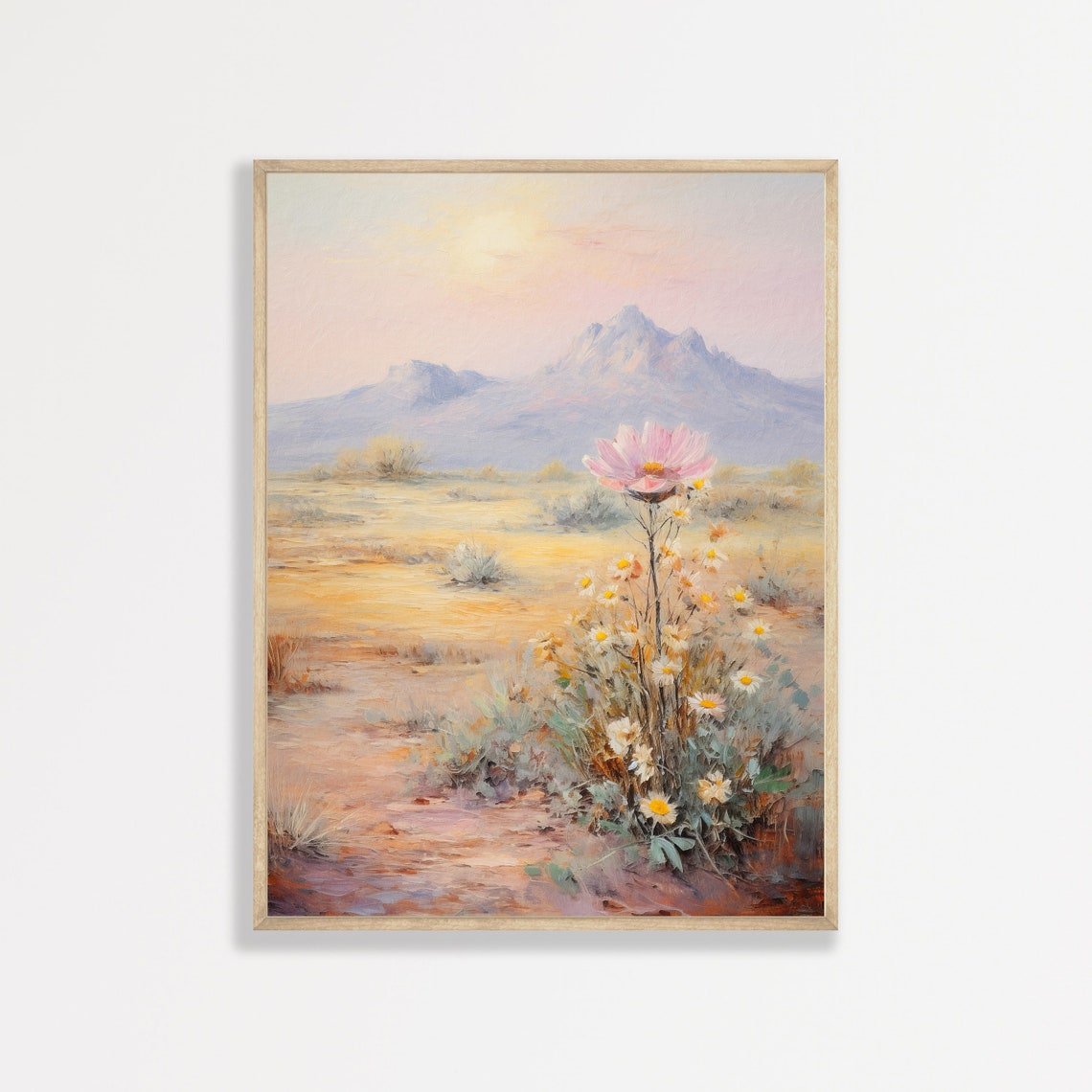 Desert Wildflower Pink Bloom Pastel Mountain Landscape Floral Poster