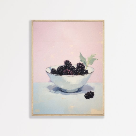 Retro Kitchen Blackberry Painting, Pastel Pink Art Print