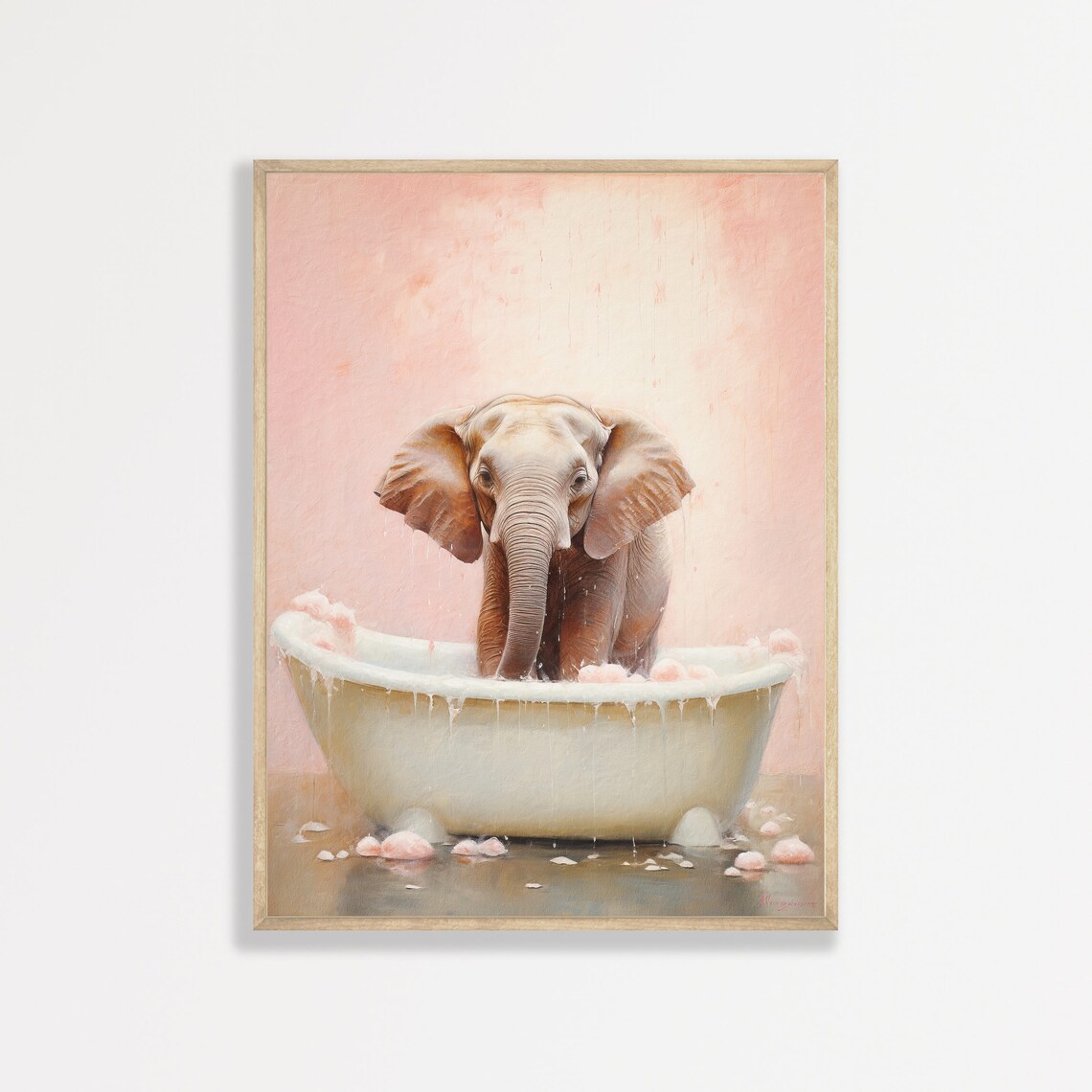 Baby Elephant In Bathtub Pink Water Playful Nursery Animal Bath Poster