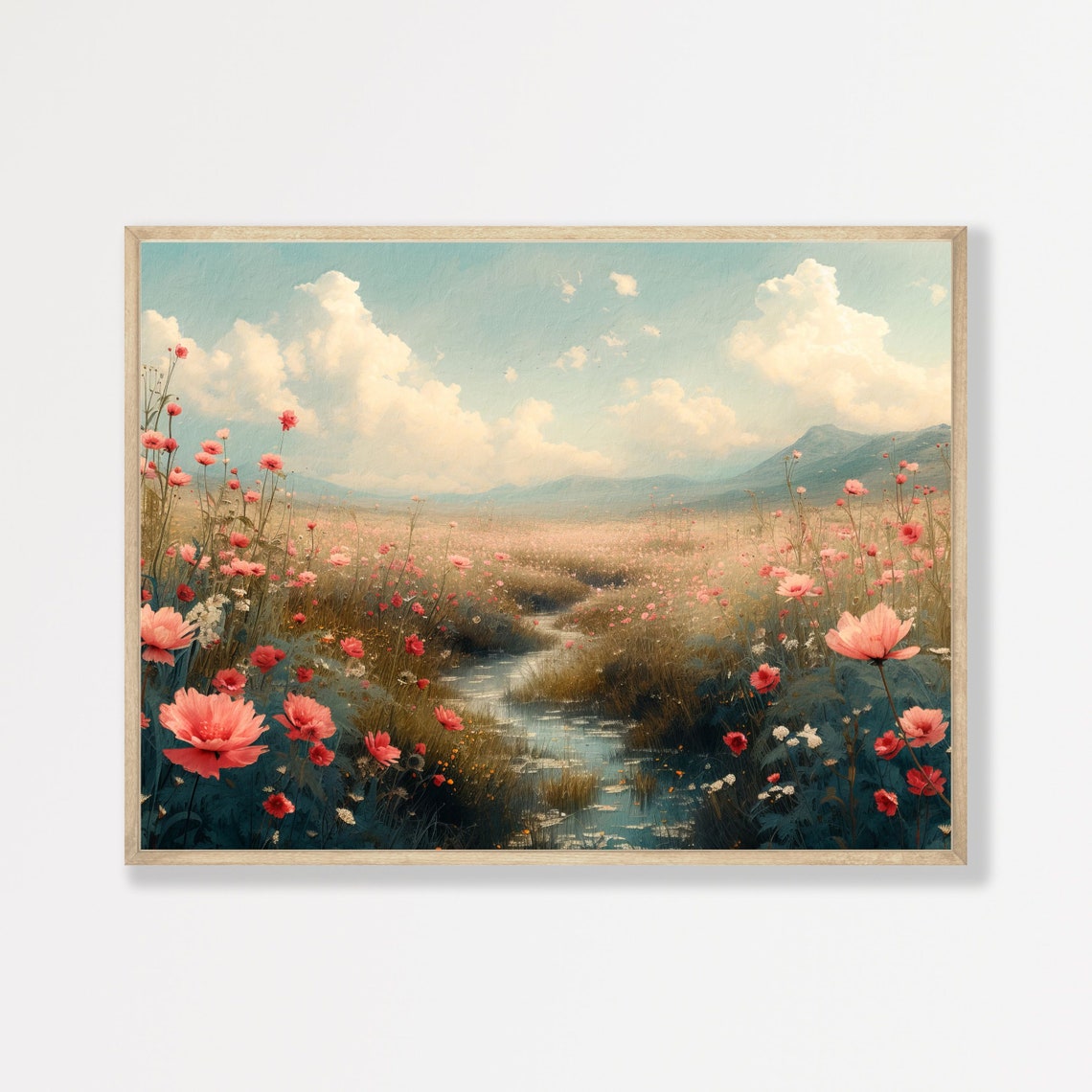 Pink Wildflowers Stream Mountain Meadow Vintage Landscape Poster